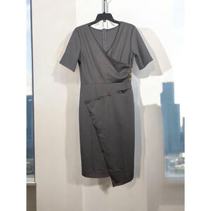 Size M gray dress short sleeve asymmetrical hem gold buttons stretchy vneck midi